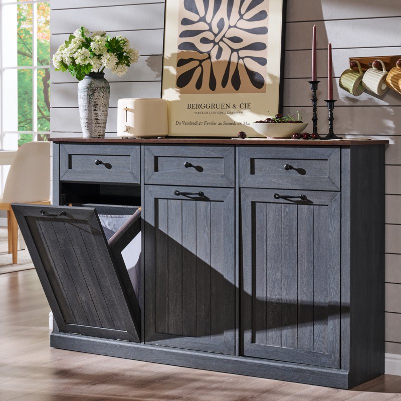Triple Tilt Out Trash Can Cabinet - 20 Gallon Farmhouse Style - Grey