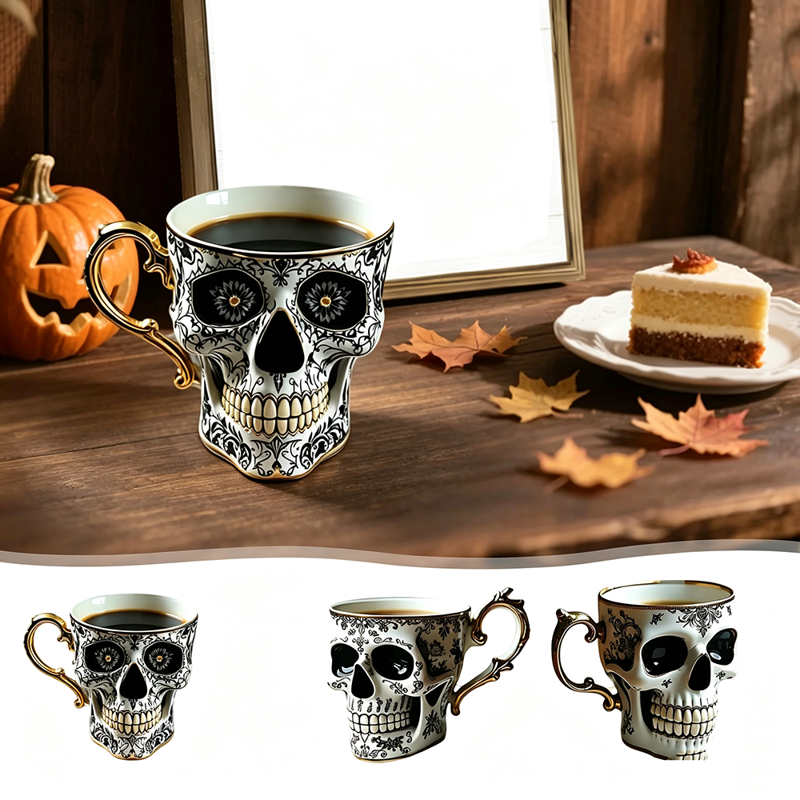 Free Size Gothic Skull Coffee Mug with Gold Trim & Saucer Set - Halloween Gifts