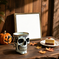 Free Size Gothic Skull Coffee Mug with Gold Trim and Saucer - Halloween Gift for Coffee Lovers
