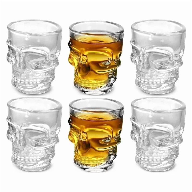 Clear Skull Shot Glasses Set of 6 - 1.75oz Gothic Glassware, Halloween Party Decor
