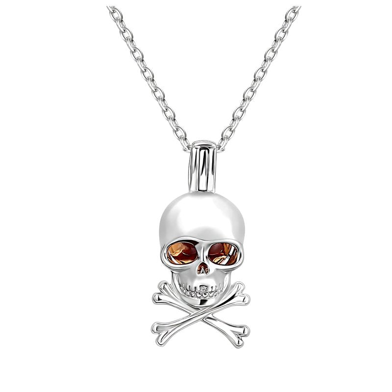 Sterling Silver Skull Necklace for Women with Amber Bead Eyes and Adjustable Chain