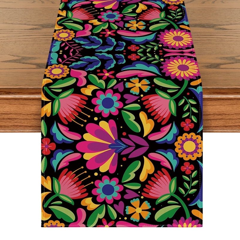 Black Floral Dia De Los Muertos Table Runner 13x108 Inches - Mexican Fiesta Decor - Party & Kitchen Dining
