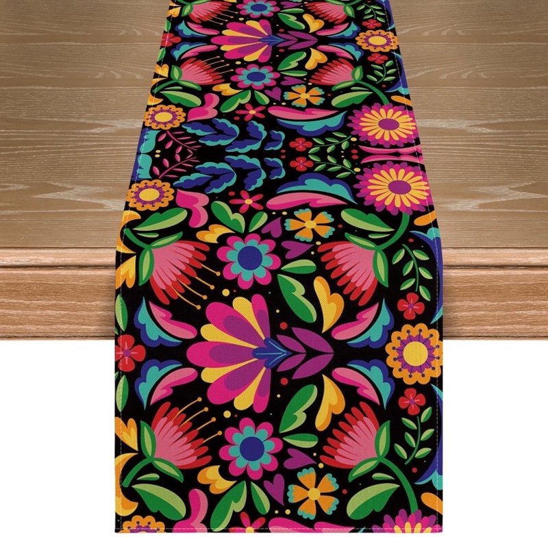 Black Floral Dia De Los Muertos Serape Table Runner 13x72 - Mexican Fiesta Decoration - Variation 1