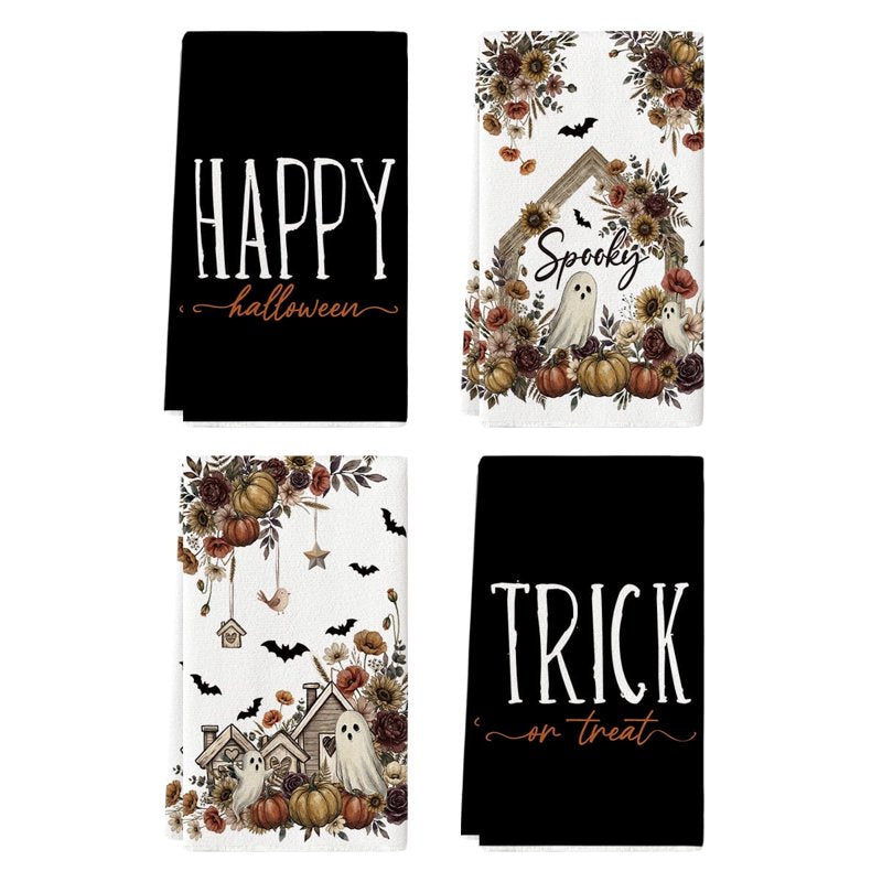 Halloween Dish Towels Set of 4 - 18x26 Inch Pumpkin Ghost Bat Seasonal Kitchen Decor - Variation B