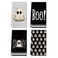 Halloween Kitchen Towels Set of 4 - Ghost Boo Bow Knot Black Stripes 18x26 Inches