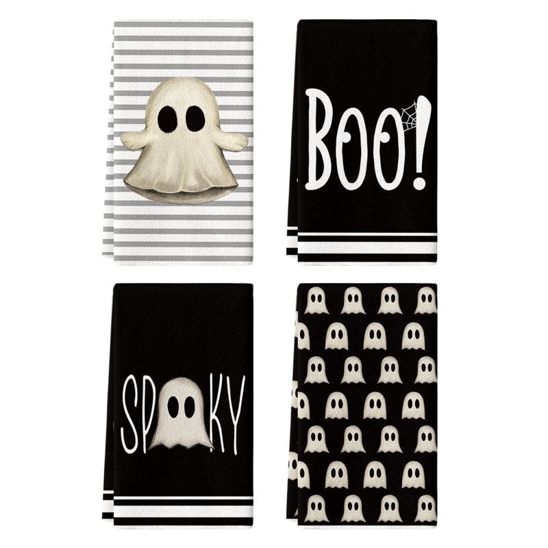 Halloween Kitchen Towels Set of 4 - Ghost Boo Bow Knot Black Stripes 18x26 Inches