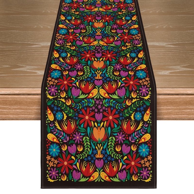 Dia De Los Muertos Floral Fiesta Table Runner - Black 13 x 72 Inch Party Decor