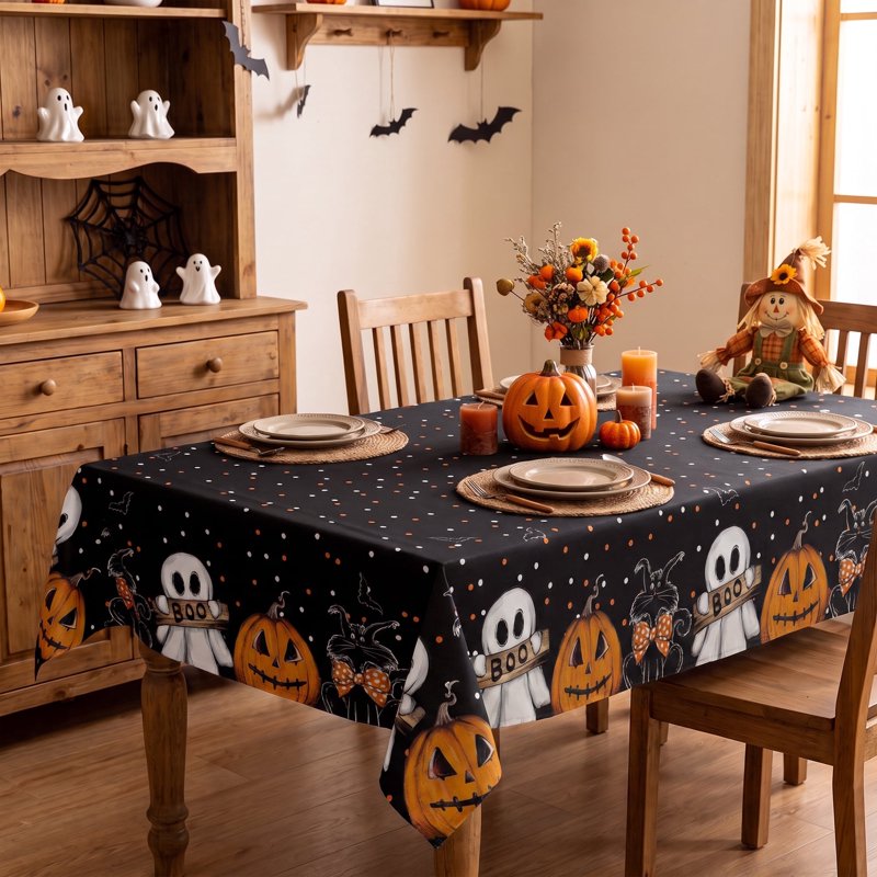 Halloween Tablecloth 52x70 Inch Black Ghost Cat Pumpkin Wrinkle-Resistant & Washable