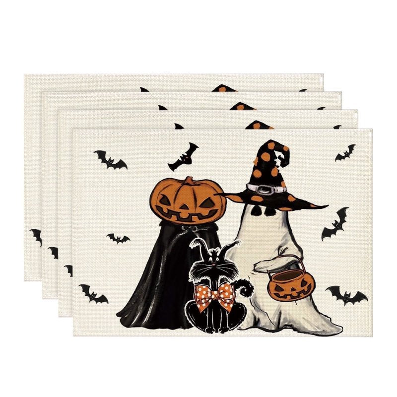 Halloween Ghost Jack-O'-Lantern Black Cat Placemats Set of 4 12x18 Inch Home Decor