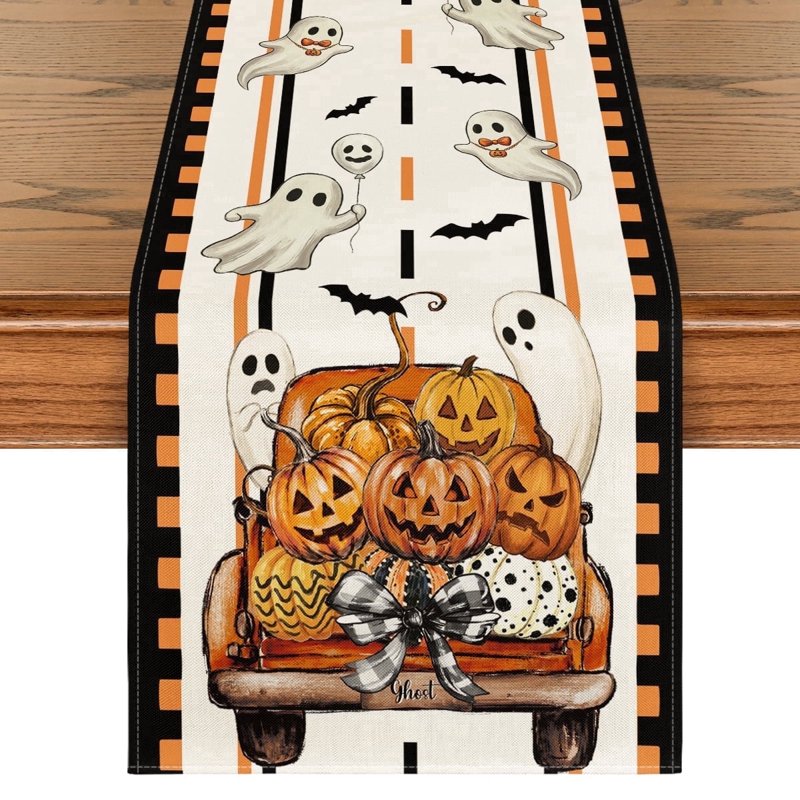 Halloween Table Runner with Ghost Truck, Bats & Bows - Seasonal Fall Kitchen Decor 13x72 Inch D