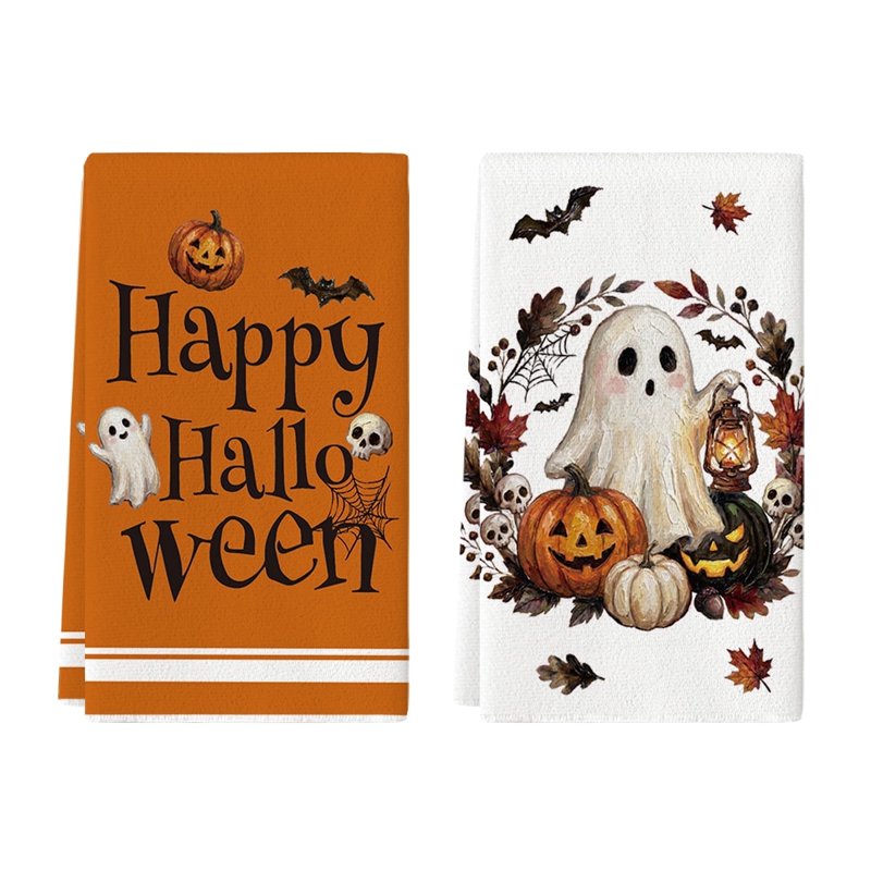 Halloween Kitchen Towels Set of 2 - Ghost and Pumpkin Bat 18x26 Inch Seasonal Dish Hand Towels - Farmhouse Decor