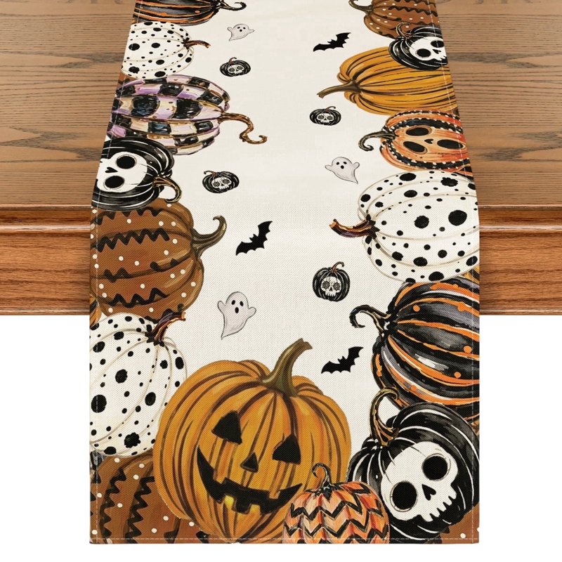 Mexican Skull Pumpkin Halloween Table Runner - Day of the Dead Decor 13x72 Inch B