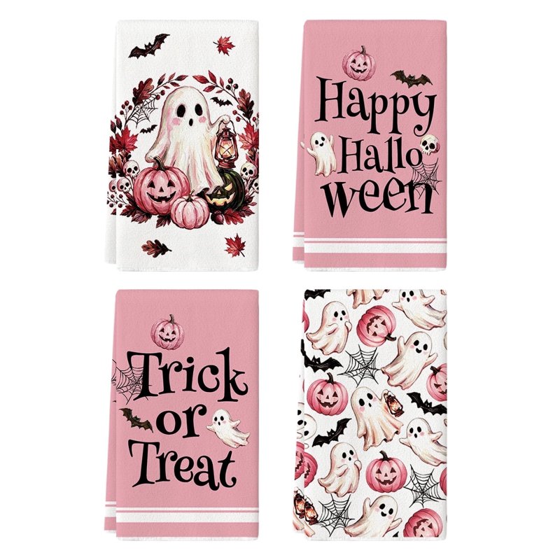 Halloween Dish Towels Set of 4 - Pink Happy Ghost & Maple Leaves 18x26 C