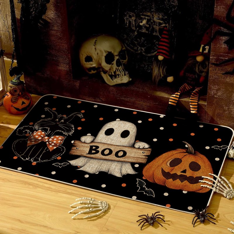 Halloween Welcome Doormat 17x29 Inch Polka Dot Black Cat Ghost Jack-O'-Lantern