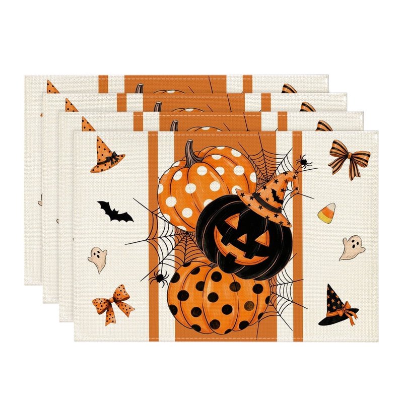 Halloween Placemats Set of 4 - Orange Pumpkin Ghost Bat Spider Web 12x18 C