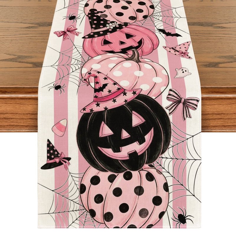 Halloween Table Runner 13x72 Inch Polka Dot Pink Pumpkin Witch Ghost Bat Web