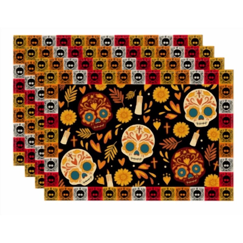 Skull Day of The Dead Printed Halloween Placemats Set of 4 12x18 Inch - Spooky Kitchen & Dining Decor Variation B