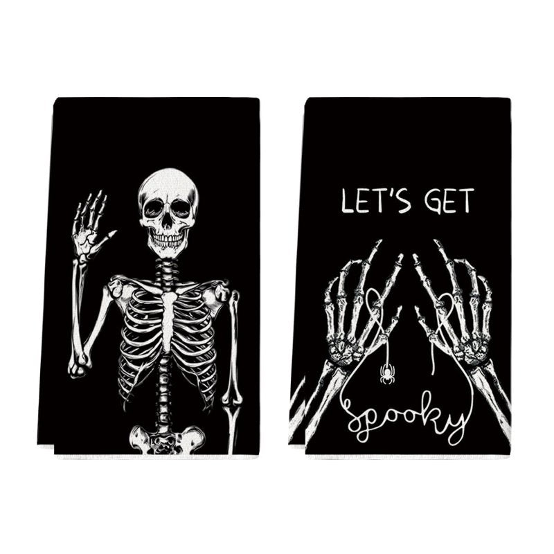 Spooky Skeleton Spider Bone Kitchen Dish Towels Set of 2 - 18x26 Inches, Variation C