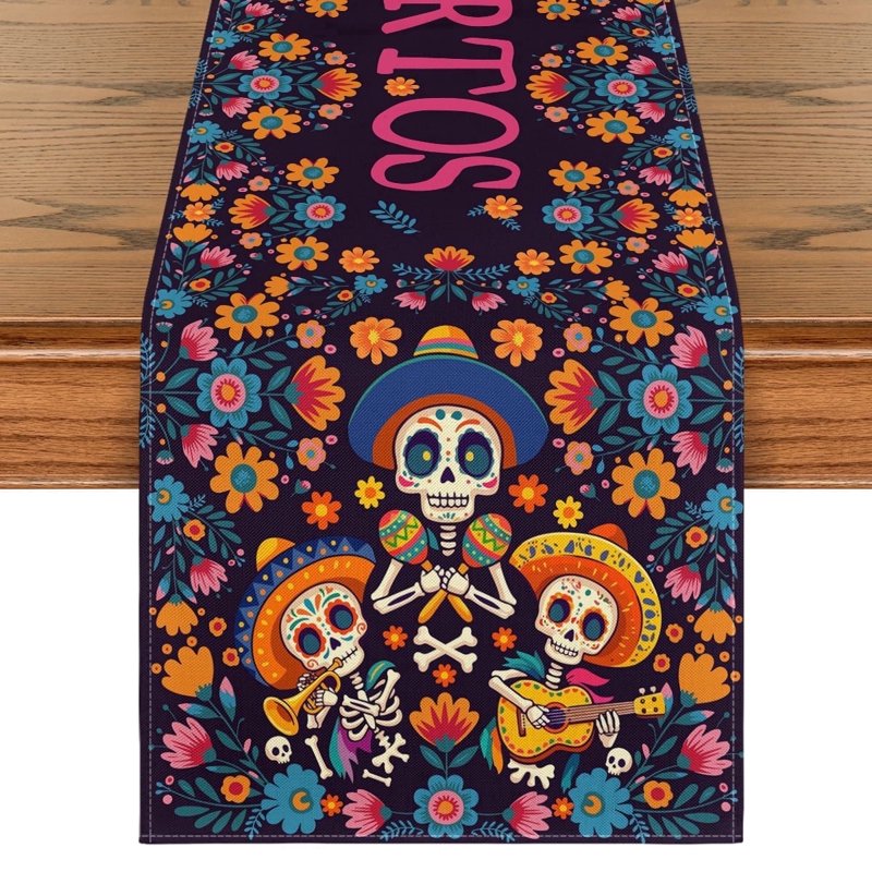 Halloween Skull Table Runner 13x72 Inch Watercolor Marigolds Decor - Variation G