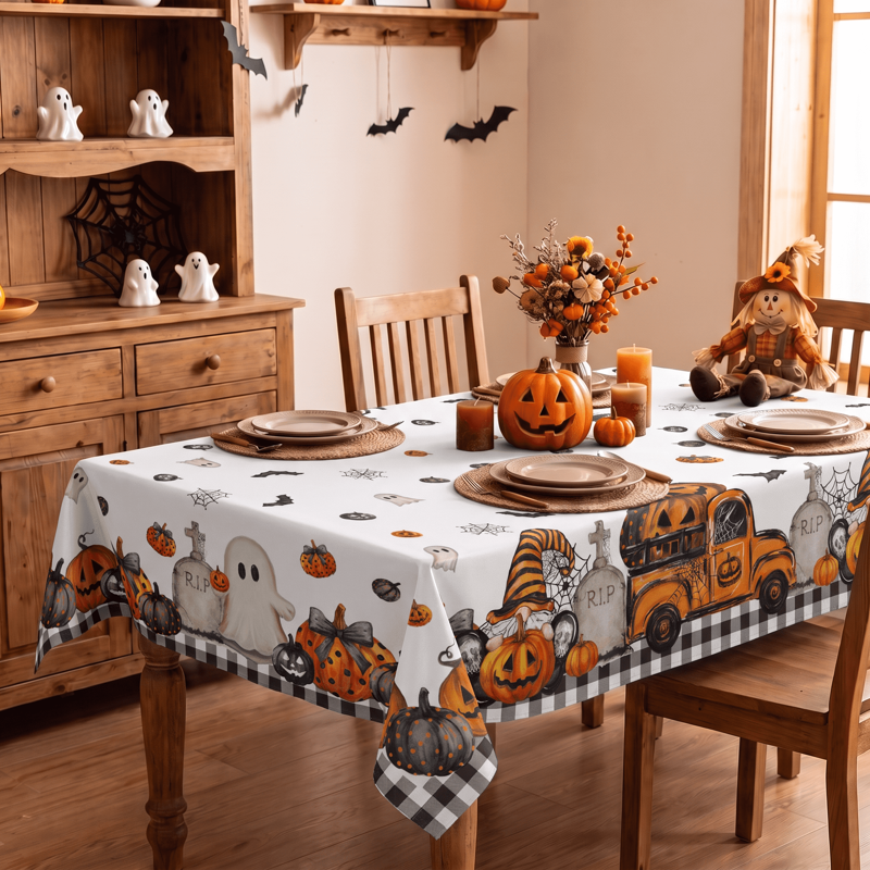 Halloween Tablecloth 60x120 Inch Bat Pumpkin Plaid Wrinkle-Resistant & Machine Washable