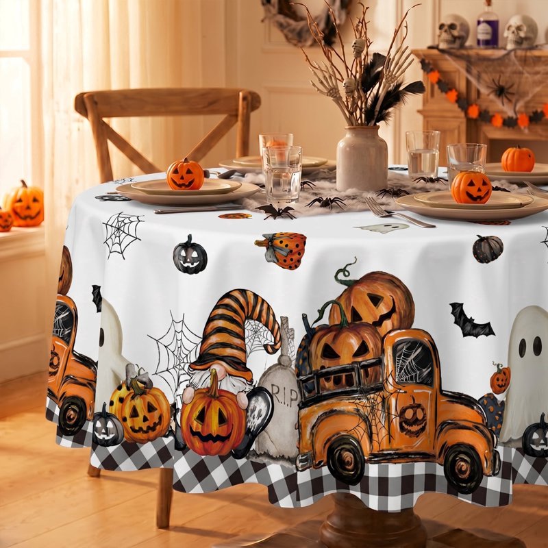 60-Inch Round Halloween Tablecloth Ghost Pumpkin Bat Buffalo Plaid Wrinkle-Resistant & Machine Washable