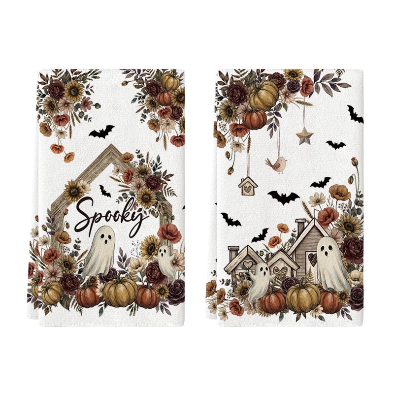 Ghost Pumpkin Eucalyptus Halloween Dish Towels Set of 2 - 18x26 Inch Seasonal Hand Towels