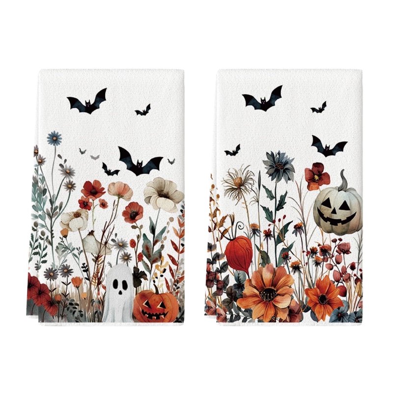 Halloween Kitchen Towels Set of 2 - Ghost Pumpkins Bats Floral 18x26 B Variation