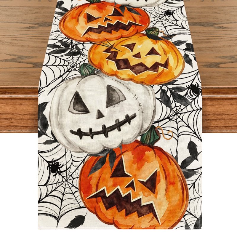 Halloween Table Runner 13 x 36 Inch Ghost Jack O Lantern Spiders - Beige