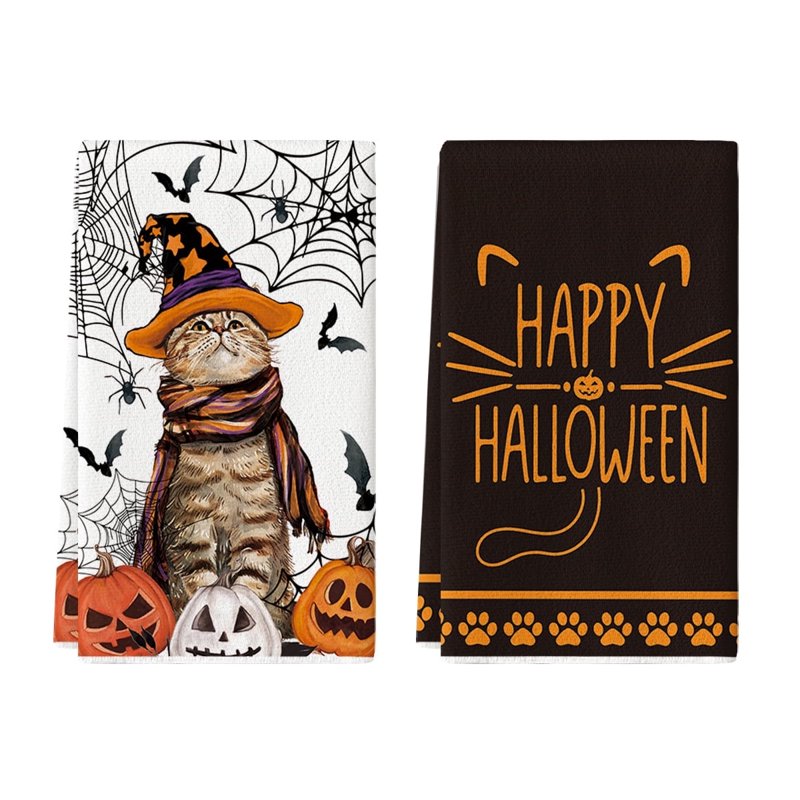 Halloween Spider Web Jack-O'-Lantern Pumpkin Kitchen Dish Towels Set of 2 - 18x26 Inch E
