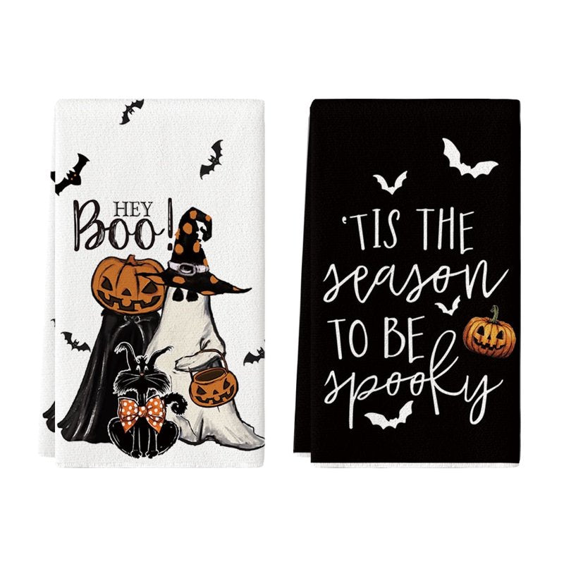 Halloween Kitchen Dish Towels Set - Spooky Pumpkin Ghost Bat Design, 2 pcs 18 x 26 inches - Farmhouse Style