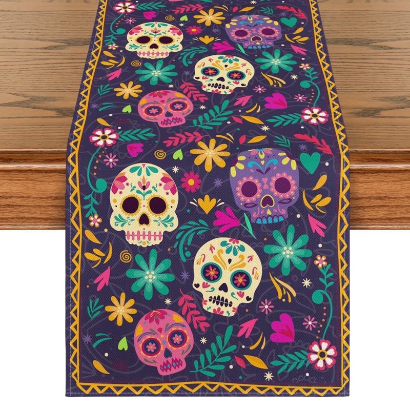 Watercolor Marigolds Skull Day of The Dead Table Runner 13 x 120 Inch - Unique Home Decor