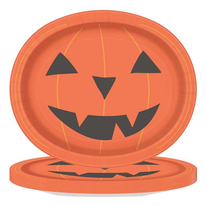 Halloween Smiling Pumpkin Oval Paper Plates - 12x10 Inch, Pack of 8
