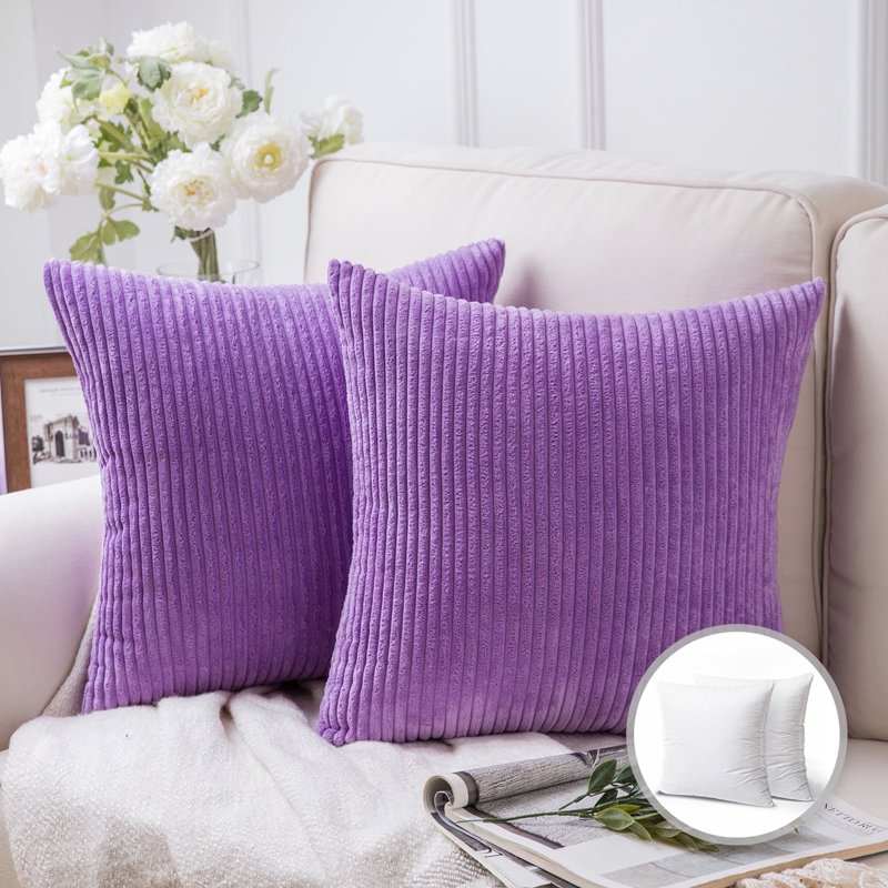22x22 Inch Violet Purple Corduroy Velvet Throw Pillow Set of 2 - Decorative Couch Cushions