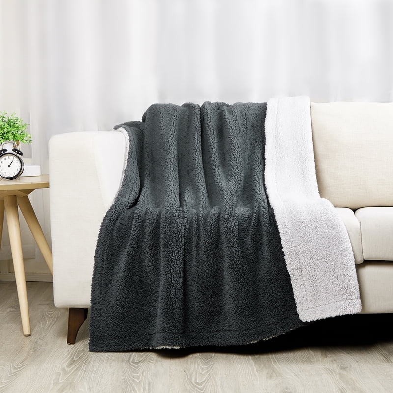 Reversible Sherpa Throw Blanket - Dark Gray & Light Gray, 50x60 Inches, Recycled Polyester, for Adults & Teens - Gray