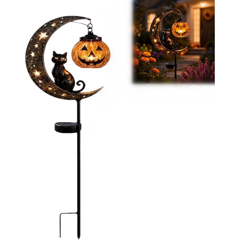 Solar Halloween Black Cat & Pumpkin Moon Garden Stake Light - Waterproof Outdoor Decor - Variation B