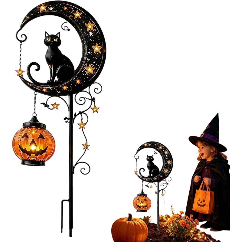 Solar Halloween Garden Stake Light with Black Cat Pumpkin Moon - Waterproof Outdoor Decor - C-1PC