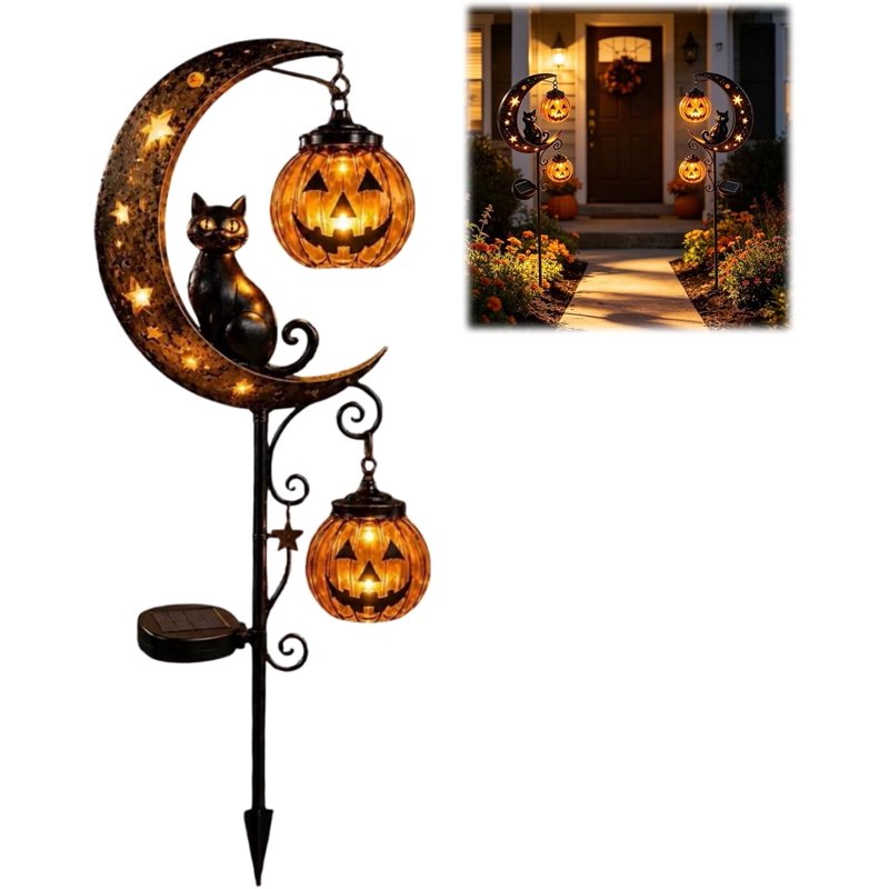 Solar Halloween Black Cat & Pumpkin Moon Garden Stake Light - Waterproof Outdoor Decor - A-1PC