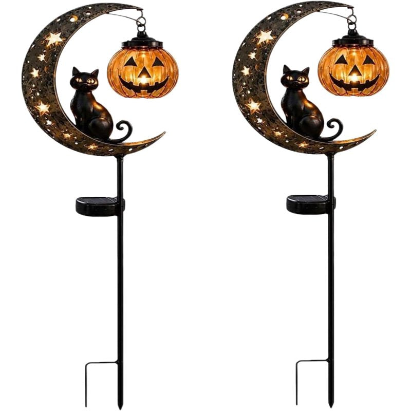 Solar Halloween Black Cat & Pumpkin Moon Garden Stake Light B-2PCS Outdoor Waterproof LED Decor