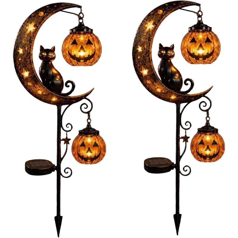 Solar Halloween Black Cat & Pumpkin Moon Garden Stake Light - 2PCS Outdoor Waterproof Decor