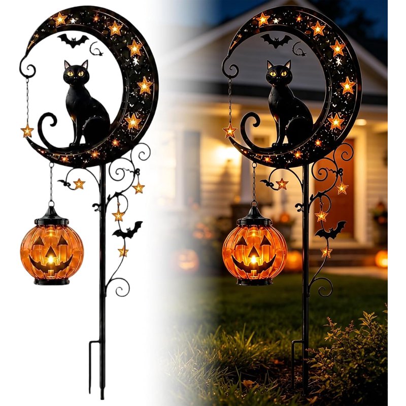 Solar Halloween Black Cat & Pumpkin Moon Garden Stake Light - Waterproof Metal Decor - Variation A