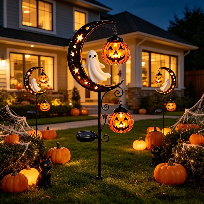 Solar Halloween Ghost & Moon Garden Stake Lights H - Waterproof Outdoor LED Lanterns