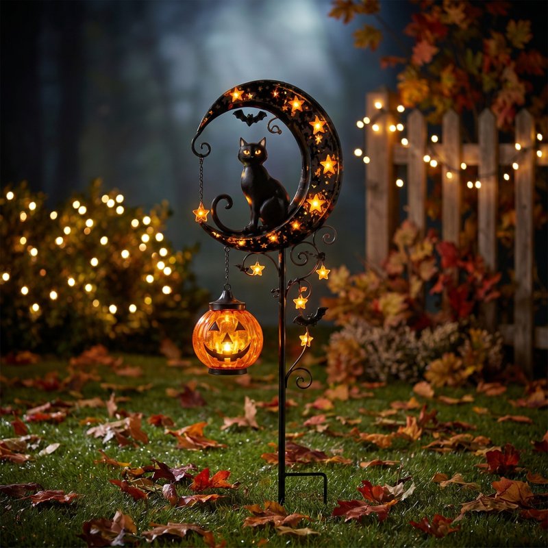 Halloween Solar Garden Stake Light with Metal Moon, Black Cat & LED Pumpkin - Variation A