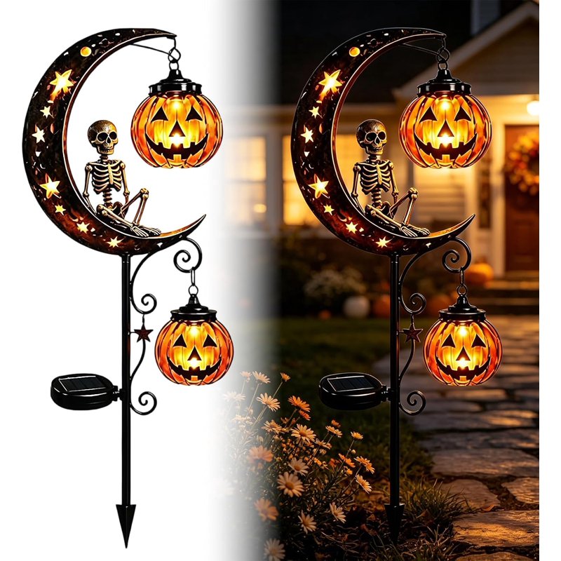 Solar Halloween Skull Garden Stake Light Waterproof Metal Yard Lantern - Black