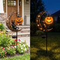 Halloween Solar Garden Stake Light Metal Crescent with Pumpkin & Cat C