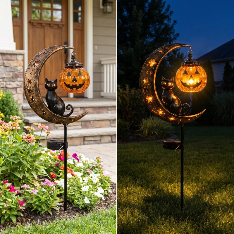 Halloween Solar Garden Stake Light Metal Crescent with Pumpkin & Cat C
