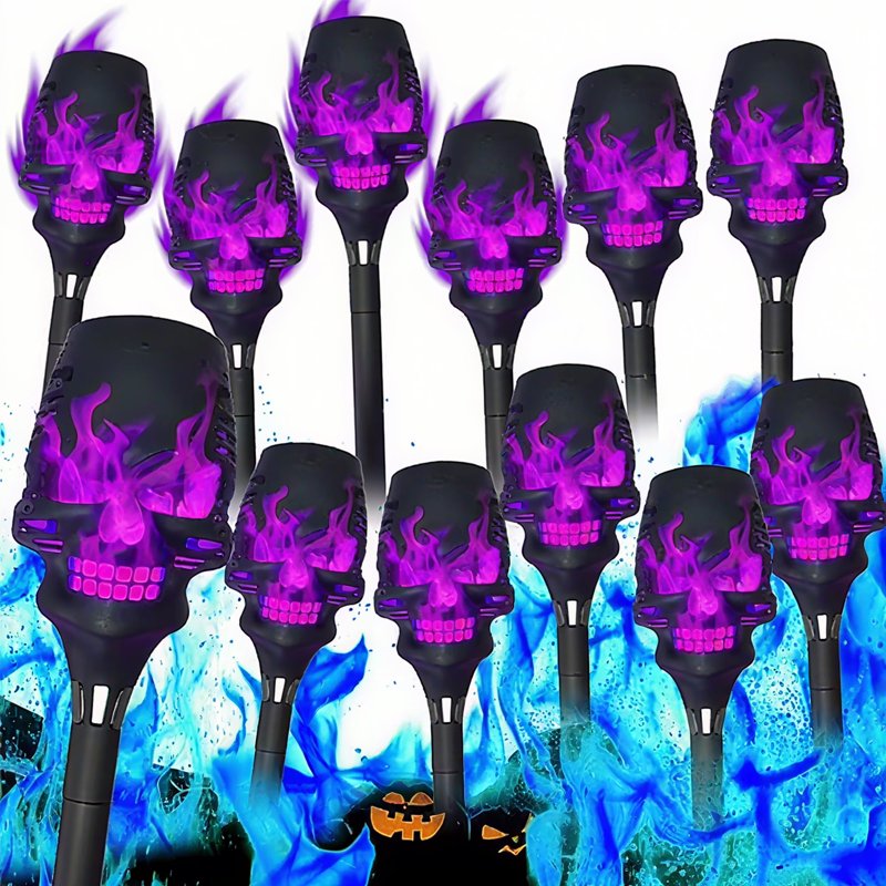 12-Piece Halloween Solar Skull Pathway Lights - Purple Outdoor Stake Decor