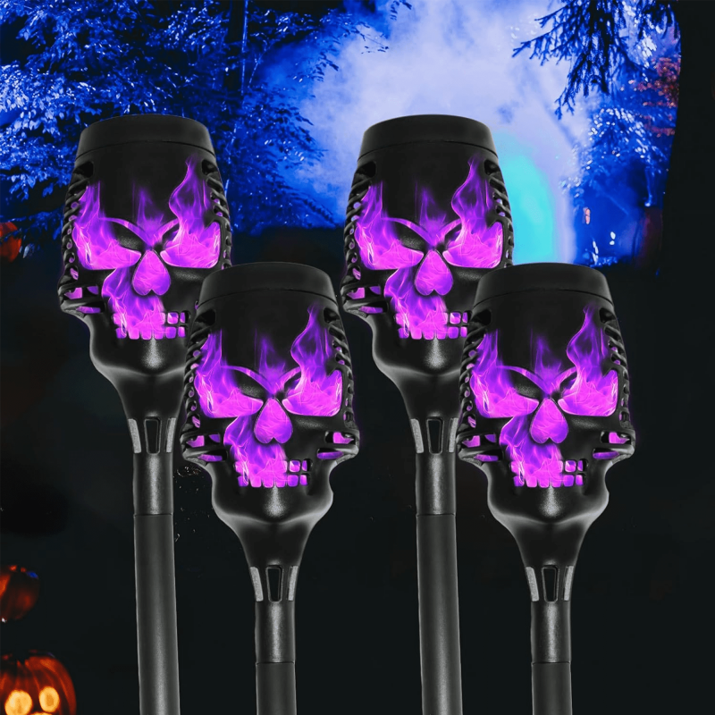 Halloween Solar Skull Stake Lights 4-Pack Outdoor Pathway & Garden Decor - Purple