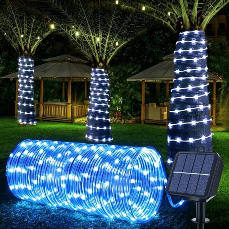 Blue Solar Rope Lights Outdoor Waterproof 100LED Tube String with USB Rechargeable Timer