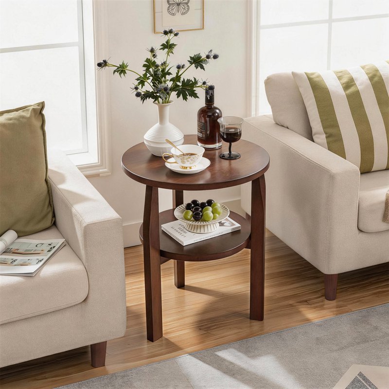 Solid Rubberwood Round End Table with 2-Tier Storage Shelf - Walnut
