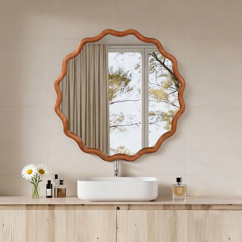 30 Inch Wavy Round Solid Wood Mirror with Tempered Glass - Decorative Wall Mirror